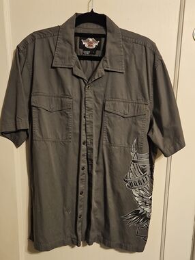 Harley-Davidson Gray Short Sleeve Button-Up Shirt with Side Graphic
